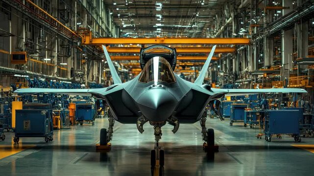 Fighter jet is sitting on a runway in a factory. The hangar is filled with machinery and the plane is surrounded by several other planes. Scene is one of industry and production