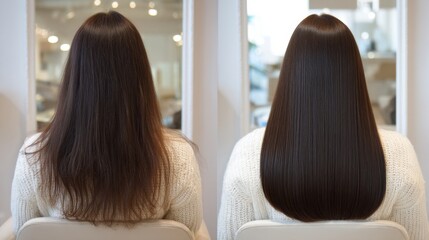 Japanese female customer, Japanese female hairdresser, sitting in front of hairdresser's mirror.