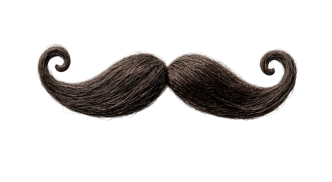 Png of Artistic illustration of a styled mustache, featuring twirled ends and a rich brown hue, evoking a classic vintage charm.