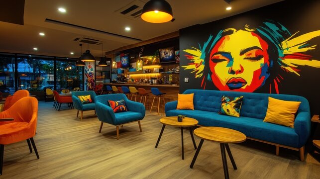 Vibrant cafe interior with bold art and comfortable seating.  Colorful seating, a large mural, and a trendy bar area