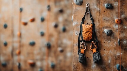 Orange climbing harness and bags hang on wooden climbing wall.  Interior rock gym