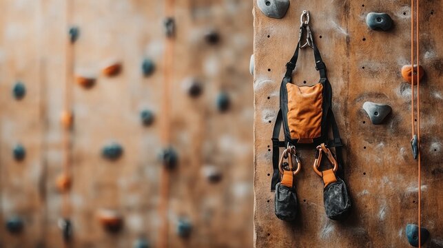 Orange climbing harness and bags hang on wooden climbing wall.  Interior rock gym