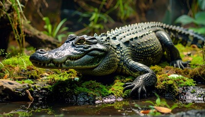 Obraz premium Speckled Alligator on Mossy Riverbank in Lush Green Habitat