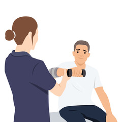 Therapist supports an older man's arm while he performs a rehabilitation exercise using a dumbbell. Flat vector illustration isolated on white background