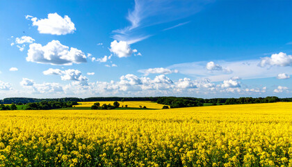 Obraz premium Vibrant Yellow Rapeseed Field Under a Sunny Blue Sky