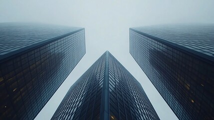 Three towering skyscrapers reach skyward into the fog creating geometric composition of buildings
