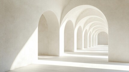 A minimalist architectural design featuring a series of arches creating a serene and light-filled passage