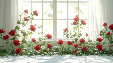 Fototapeta premium Sunlight streams through a window, illuminating vibrant red flowers cascading down the sill