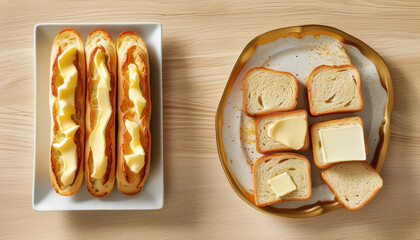 Top view of warm french baguette and sliced bread with butter on wooden table setting with copy space