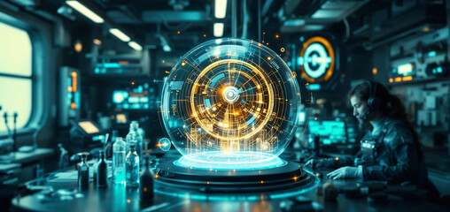 A futuristic science laboratory featuring an illuminated sphere at the center. A woman is seated in the laboratory 