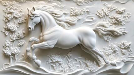 White relief sculpture of galloping horse with floral motifs.