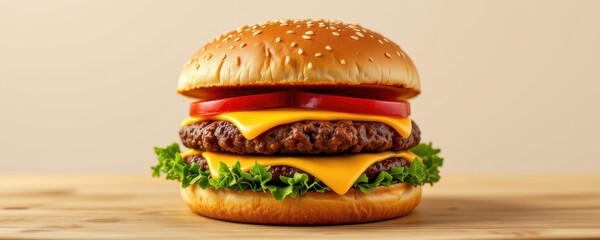 product shot of a fresh hamburger or cheeseburger, captured in a mouth watering, high quality food illustration.