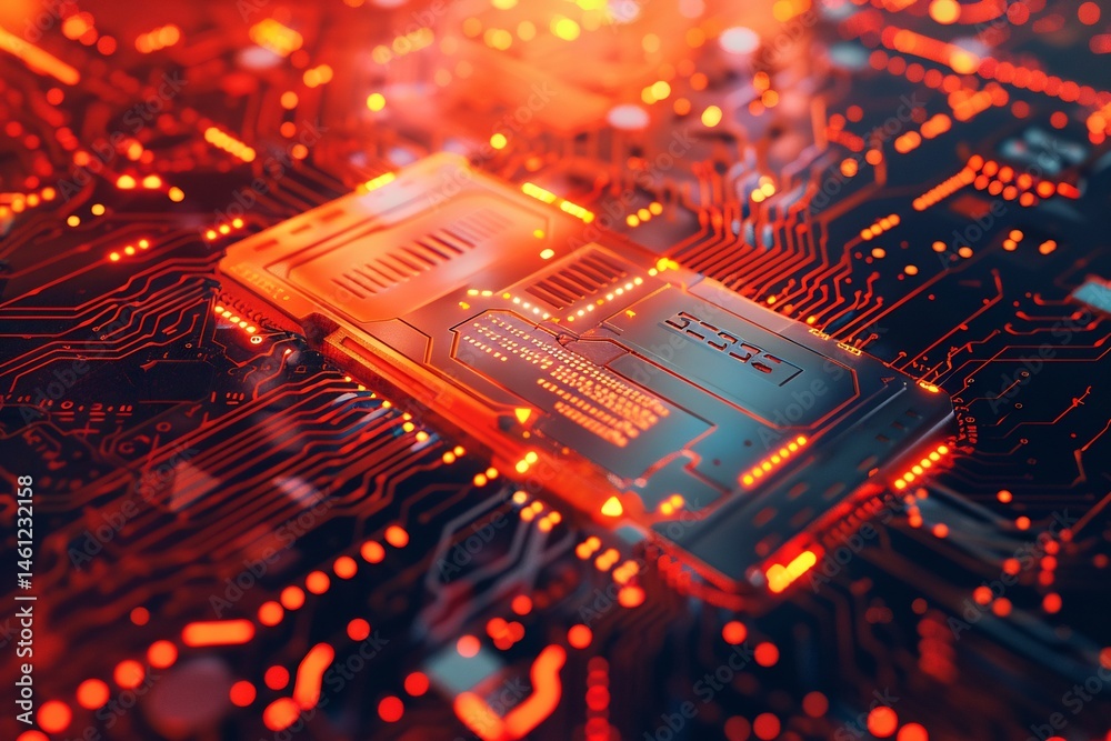 Poster complex interconnected network of circuits on a microchip glowing in red
