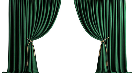 Png of Elegant green curtains with golden ties, creating a dramatic and inviting atmosphere for a stage or window display.