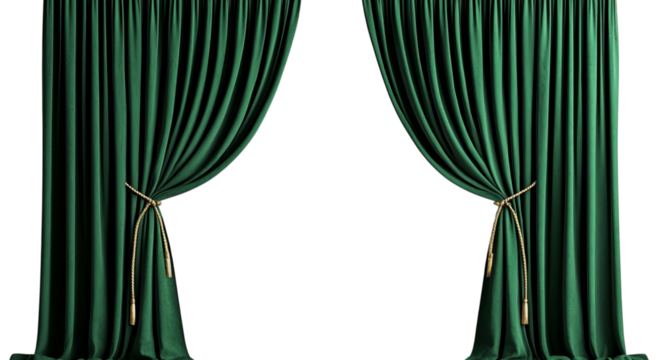 Png of Elegant green curtains with golden ties, creating a dramatic and inviting atmosphere for a stage or window display.