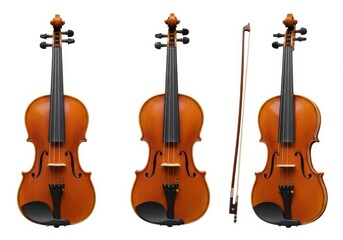 Naklejka premium Three violins with a bow on a white background in a studio setting for musical use
