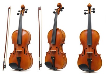 Three violins with bows displayed against a white background in varying angles