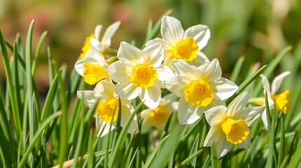 A cluster of white daffodils with bright yellow centers is surrounded by green foliage.
