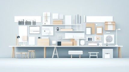 Minimalist workspace with light wood accents and white walls, featuring various organizers and devices on multiple shelves and a long, low, white table