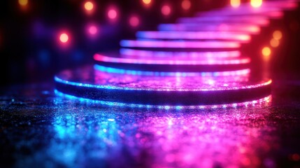 Circular steps illuminated by vibrant pink and blue LEDs, creating a futuristic, glowing effect on a dark surface