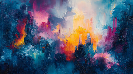 Fototapeta premium Vibrant abstract landscape painting with bold color.