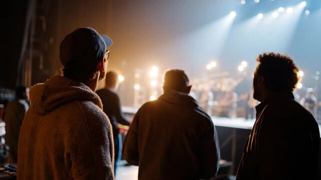 A group of people watch from backstage as the stage crew prepares for a live concert performance, capturing the anticipation and energy that precedes a musical experience.