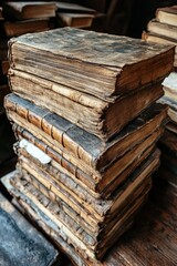 Stack of aged, leather-bound books with worn covers and weathered pages