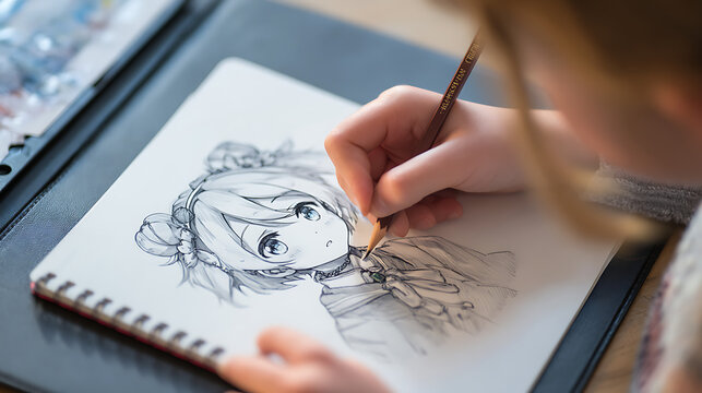 A young artist sketching a manga illustration