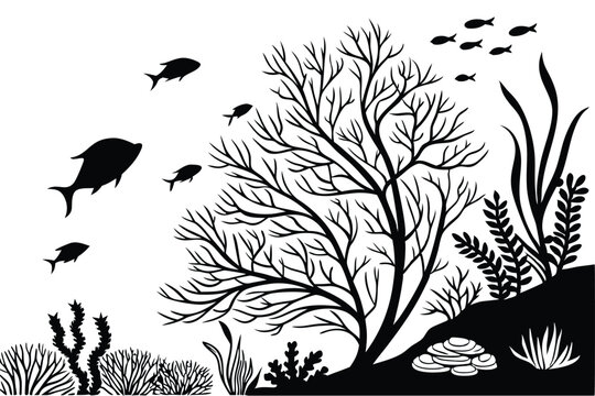 39 Black and white underwater scene, coral reef silhouettes, tropical fish outlines, sea plants, branching coral structures, marine life shadows, aquarium aesthetic, monochrome ocean floor, detailed s