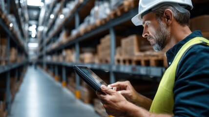 A warehouse worker in a hard hat uses a digital tablet to manage inventory in a large storage facility.