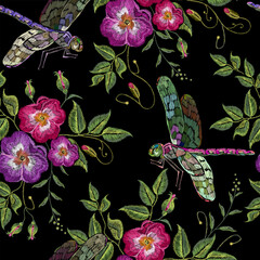Dragonflies and wild roses flowers. Embroidery seamless pattern. Vintage spring and summer template for design of clothes and t-shirt design. Garden art