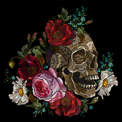 Embroidery human skull, wild flowers and red roses. Fashion clothes template and t-shirt design. Dark gothic art. Halloween art. Medieval style