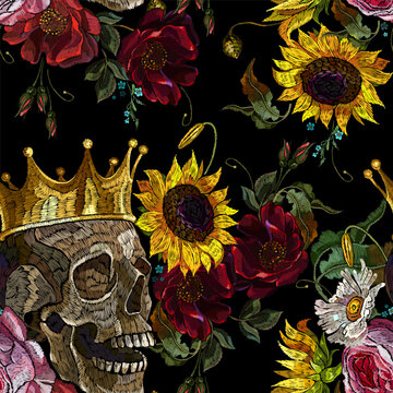 Embroidery golden crown, skull and bouqut of flowers. Seamless pattern. Red roses, sunflowers and white daisies. Gothic romanntic. Medieval art