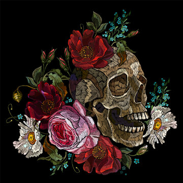 Embroidery human skull, wild flowers and red roses. Fashion clothes template and t-shirt design. Dark gothic art. Halloween art. Medieval style