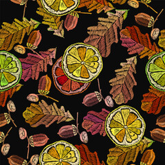 Embroidery lemon slice, berries and autumnl leaves. Tea art. Fashion seamless pattern. Template of clothes, tapestry, t-shirt design