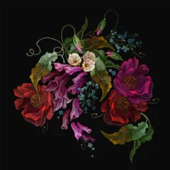 Embroidery. Bouquet of flowers. Red roses seamless pattern vector. Summer and spring garden floral art. Fashionable template for clothes © Matrioshka