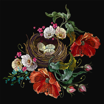 Beautiful red poppies flowers and birds nest. Fashion floral template for clothes, t-shirt design. Embroidery seamless pattern. Spring style
