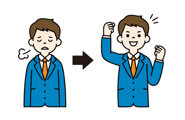 Fototapeta premium 疲れた表情と元気になった表情の、若いビジネスマンのベクターイラスト素材＿線幅の編集可能＿カラー