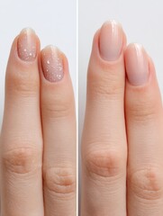 A fingernails before and after care, left side: brittle nails with white spots, dry cuticles, small hangnails.