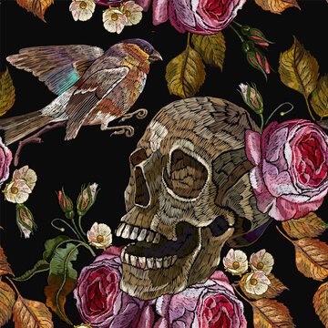 Skull and flowers. Medieval art. gothic embroidery style. Seamless pattern. Bird ans pink roses. Dark fashion spring floral template for clothes, t-shirt design