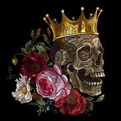 Embroidery golden crown, skull and bouqut of flowers. Red roses. Gothic romanntic embroidery. Clothes template and t-shirt design