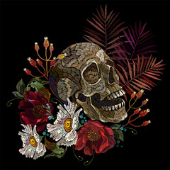 Embroidery human skull and white chamomile and red roses flowers. Fashion clothes template and t-shirt design. Dark gothic art. Halloween art. Medieval style
