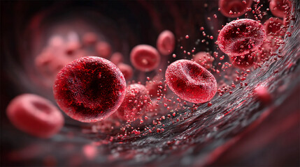 Close-up of red blood cells circulating in a blood vessel.