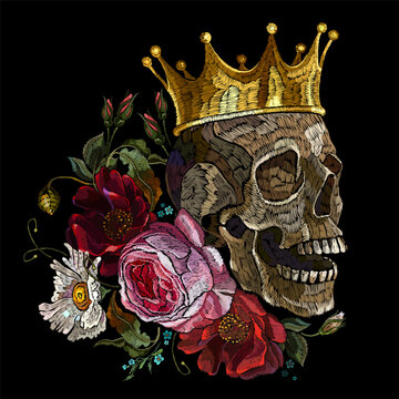 Embroidery golden crown, skull and bouqut of flowers. Red roses. Gothic romanntic embroidery. Clothes template and t-shirt design