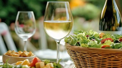 Outdoor dining table with white wine bottle, glasses, vegetable salad, and croutons against green background.