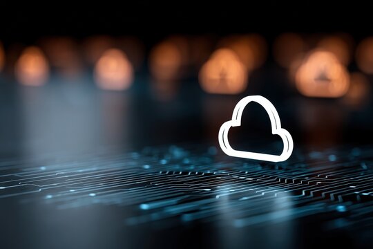 Digital cloud icon glowing over a tech-inspired background.