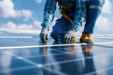 Fototapeta premium a solar power engineer installing solar panels, on the roof, electrical technician at work, alternative renewable green energy generation.