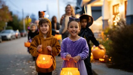 A joyful scene of children in Halloween costumes, smiling while holding glowing lanterns as they walk down the street, surrounded by festive decorations and pumpkins. - Powered by Adobe