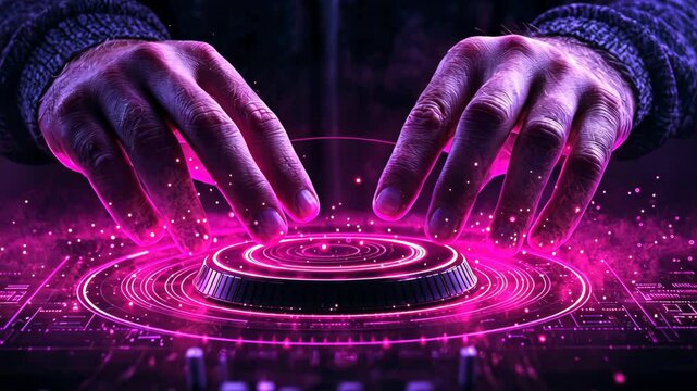 A pair of hands manipulating a glowing pink turntable, symbolizing the art of DJing in a futuristic digital environment.