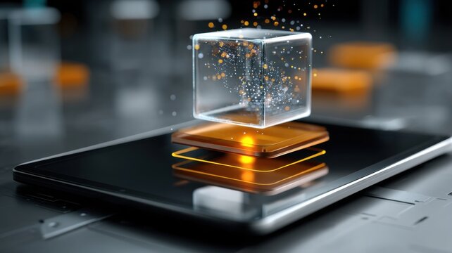 A transparent digital cube hovers above a tablet, emitting glowing particles in a futuristic technology environment.